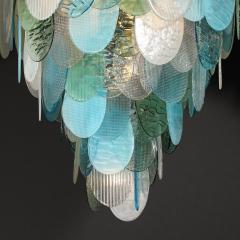 Modernist Hand Blown Murano 7 Tier Textural Disc Chandelier in Mixed Aquamarine - 4163476