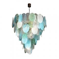 Modernist Hand Blown Murano 7 Tier Textural Disc Chandelier in Mixed Aquamarine - 4163478