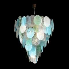 Modernist Hand Blown Murano 7 Tier Textural Disc Chandelier in Mixed Aquamarine - 4163479