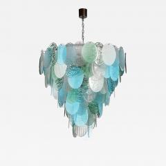 Modernist Hand Blown Murano 7 Tier Textural Disc Chandelier in Mixed Aquamarine - 4164743