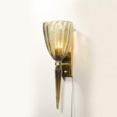 Modernist Hand Blown Murano Iridescent Smoked Emerald Fluted Glass Sconces - 4304349