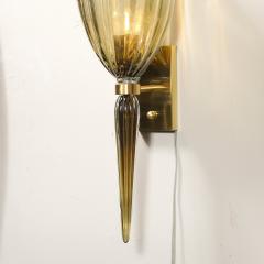 Modernist Hand Blown Murano Iridescent Smoked Emerald Fluted Glass Sconces - 4304351