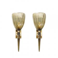 Modernist Hand Blown Murano Iridescent Smoked Emerald Fluted Glass Sconces - 4304360