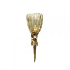 Modernist Hand Blown Murano Iridescent Smoked Emerald Fluted Glass Sconces - 4304363