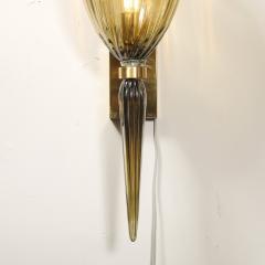 Modernist Hand Blown Murano Iridescent Smoked Emerald Fluted Glass Sconces - 4304364