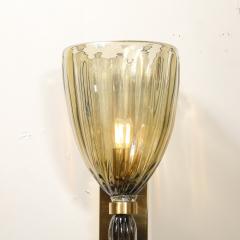 Modernist Hand Blown Murano Iridescent Smoked Emerald Fluted Glass Sconces - 4304365