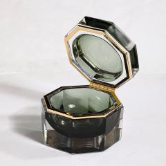 Modernist Hand Blown Murano Octagonal Glass Box in Emerald w Brass Fittings - 3523807