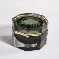 Modernist Hand Blown Murano Octagonal Glass Box in Emerald w Brass Fittings - 3523814