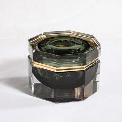 Modernist Hand Blown Murano Octagonal Glass Box in Emerald w Brass Fittings - 3523822