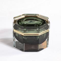 Modernist Hand Blown Murano Octagonal Glass Box in Emerald w Brass Fittings - 3523833