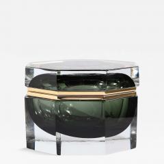 Modernist Hand Blown Murano Octagonal Glass Box in Emerald w Brass Fittings - 3527448