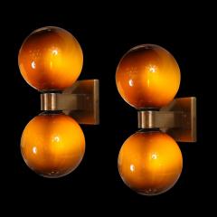 Modernist Hand Blown Murano Smoked Tortoise Glass Double Sphere Bronze Sconces - 4038068