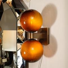 Modernist Hand Blown Murano Smoked Tortoise Glass Double Sphere Bronze Sconces - 4038072