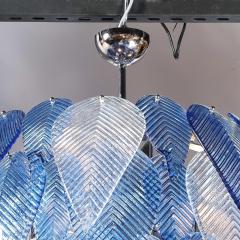 Modernist Hand Blown Reeded Blue Clear Murano Glass Leaf Chandelier w Chrome - 4720165