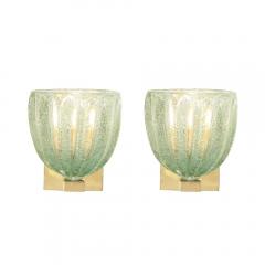 Modernist Hand Blown Sea Green Fluted Pulegoso Murano Glass Brass Sconces - 4720168