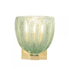 Modernist Hand Blown Sea Green Fluted Pulegoso Murano Glass Brass Sconces - 4720170