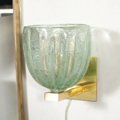 Modernist Hand Blown Sea Green Fluted Pulegoso Murano Glass Brass Sconces - 4720171