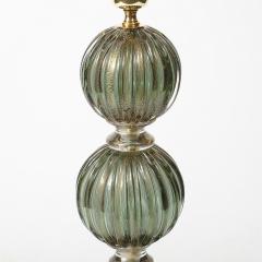 Modernist Hand Blown Smoked Emerald Murano Glass Fluted Stacked Ball Table Lamps - 4266176