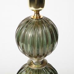Modernist Hand Blown Smoked Emerald Murano Glass Fluted Stacked Ball Table Lamps - 4266188