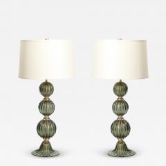 Modernist Hand Blown Smoked Emerald Murano Glass Fluted Stacked Ball Table Lamps - 4267206