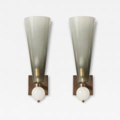 Modernist Hand Blown Smoked Gray Murano Glass Conical Sconces with Orbital Drop - 4719843