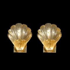 Modernist Hand blown Murano Glass Shell Form Sconces W 24 Karat Gold Flecks - 3819344