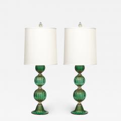 Modernist Handblown Murano Glass Table Lamps in Emerald Green w 24K Gold Flecks - 2910657