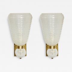 Modernist Handblown Ribbed Murano Sconces w 24 Karat White Gold Flecks - 4441241