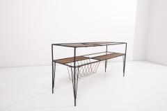 Modernist Magazine Rack or Side Coffee Table in Metal Wood and Glass USA 1950s - 1913429