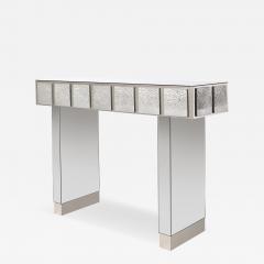 Modernist Mirrored Polished Steel Console Table w Brutalist Tile Motif - 4515374