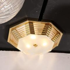 Modernist Octagonal Brass w Glass Rods Frosted Shade Flush Mount Chandelier - 3375737