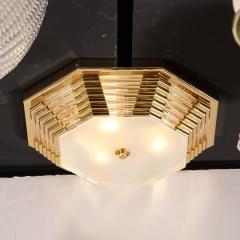 Modernist Octagonal Brass w Glass Rods Frosted Shade Flush Mount Chandelier - 3375740