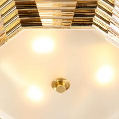 Modernist Octagonal Brass w Glass Rods Frosted Shade Flush Mount Chandelier - 3375771