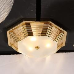 Modernist Octagonal Brass w Glass Rods Frosted Shade Flush Mount Chandelier - 3375778