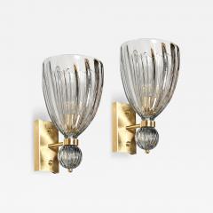 Modernist Orbital Drop Hand Blown Murano Fluted Smoked Blue Gray Glass Sconces - 4553634