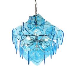 Modernist Pagoda Form Hand Blown Cerulean Blue Murano Glass Chandelier - 3375904