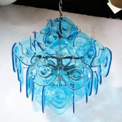 Modernist Pagoda Form Hand Blown Cerulean Blue Murano Glass Chandelier - 3375925