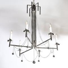 Modernist Polished Nickel Six Arm Chandelier w Chain Spherical Detailing - 4490116