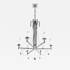 Modernist Polished Nickel Six Arm Chandelier w Chain Spherical Detailing - 4491423