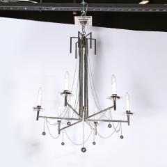 Modernist Polished Nickel Six Arm Chandelier with Chain and Spherical Details - 2143686