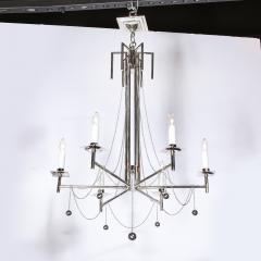 Modernist Polished Nickel Six Arm Chandelier with Chain and Spherical Details - 2143698