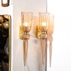 Modernist Rose Hand Blown Murano Glass Brass Sconces with Elongated Drop - 3645225