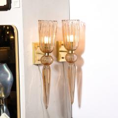 Modernist Rose Hand Blown Murano Glass Brass Sconces with Elongated Drop - 3645233