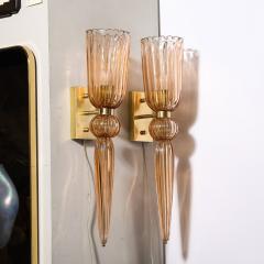 Modernist Rose Hand Blown Murano Glass Brass Sconces with Elongated Drop - 3645345