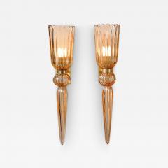 Modernist Rose Hand Blown Murano Glass Brass Sconces with Elongated Drop - 3646314
