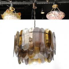 Modernist Round 3 Tier Hand Blown Murano Glass Chandelier W Oval Reeded Shades - 4141966