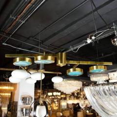 Modernist Satin Brass and Hand Blown Frosted Murano Aqua Glass Chandelier - 4142043