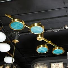 Modernist Satin Brass and Hand Blown Frosted Murano Aqua Glass Chandelier - 4142047