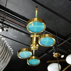 Modernist Satin Brass and Hand Blown Frosted Murano Aqua Glass Chandelier - 4142049