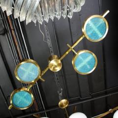 Modernist Satin Brass and Hand Blown Frosted Murano Aqua Glass Chandelier - 4142050